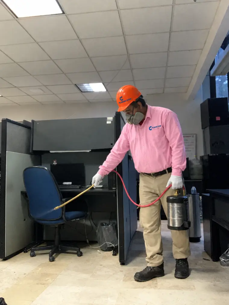 Técnico de Plagas Stop con casco, mascarilla y equipo de aspersión aplicando tratamiento en una oficina